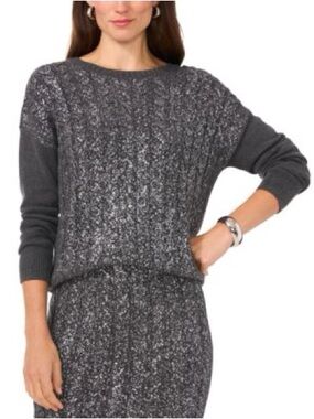 Vince Camuto Charcoal Gray Metallic Cable Crewneck Sweater